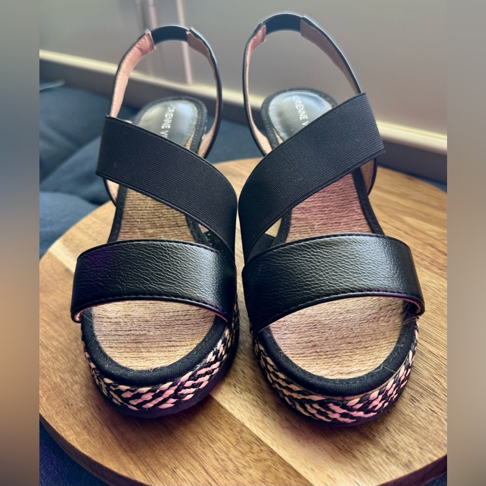 Adrienne Vittadini Black Platform Sandals with Natural and Black Braided Trim